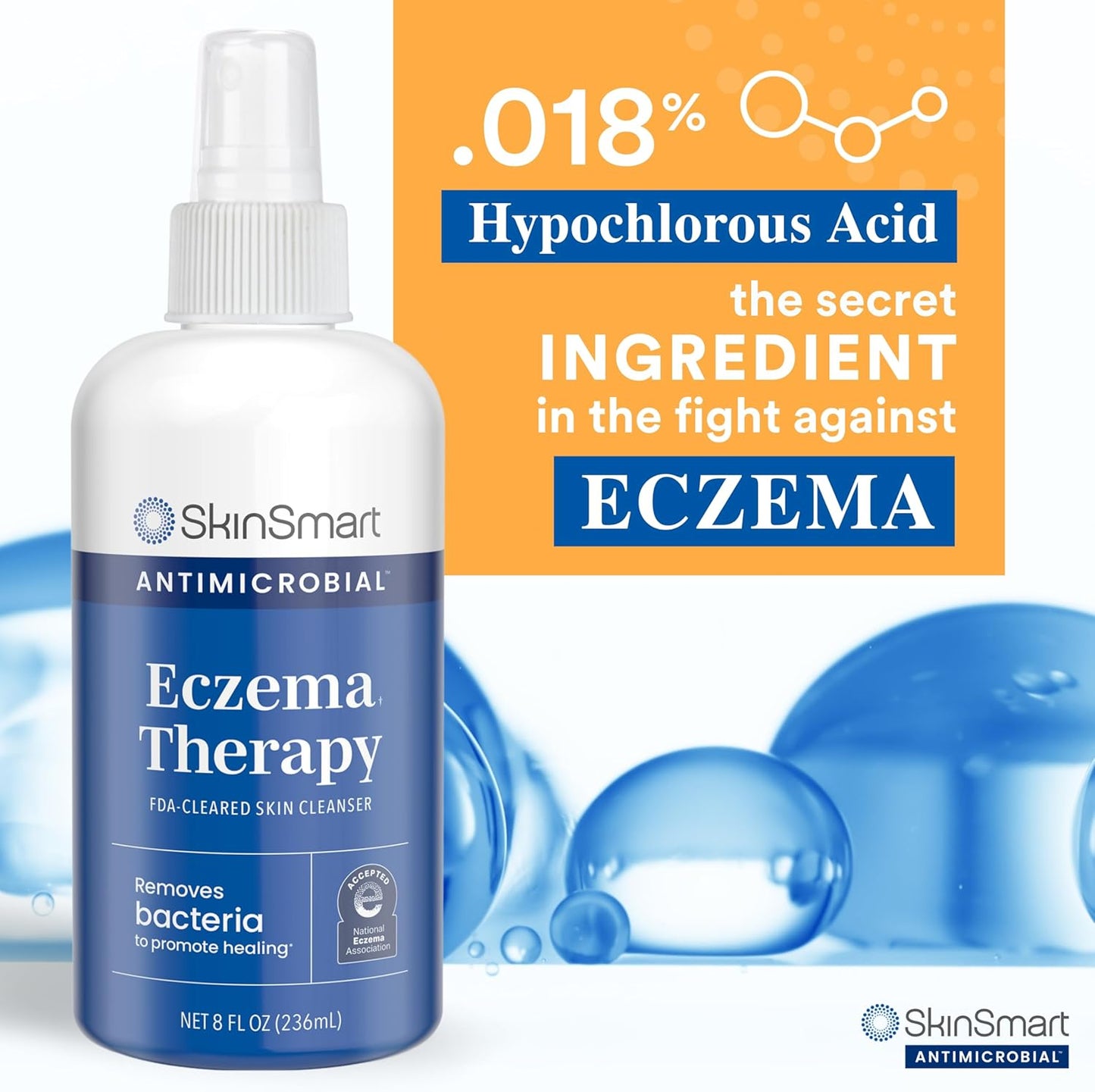 Eczema Therapy with Hypochlorous Acid, Removes Bacteria so Skin Can Heal, for Adults, Kids and Seniors, 8 Ounce Clear Spray