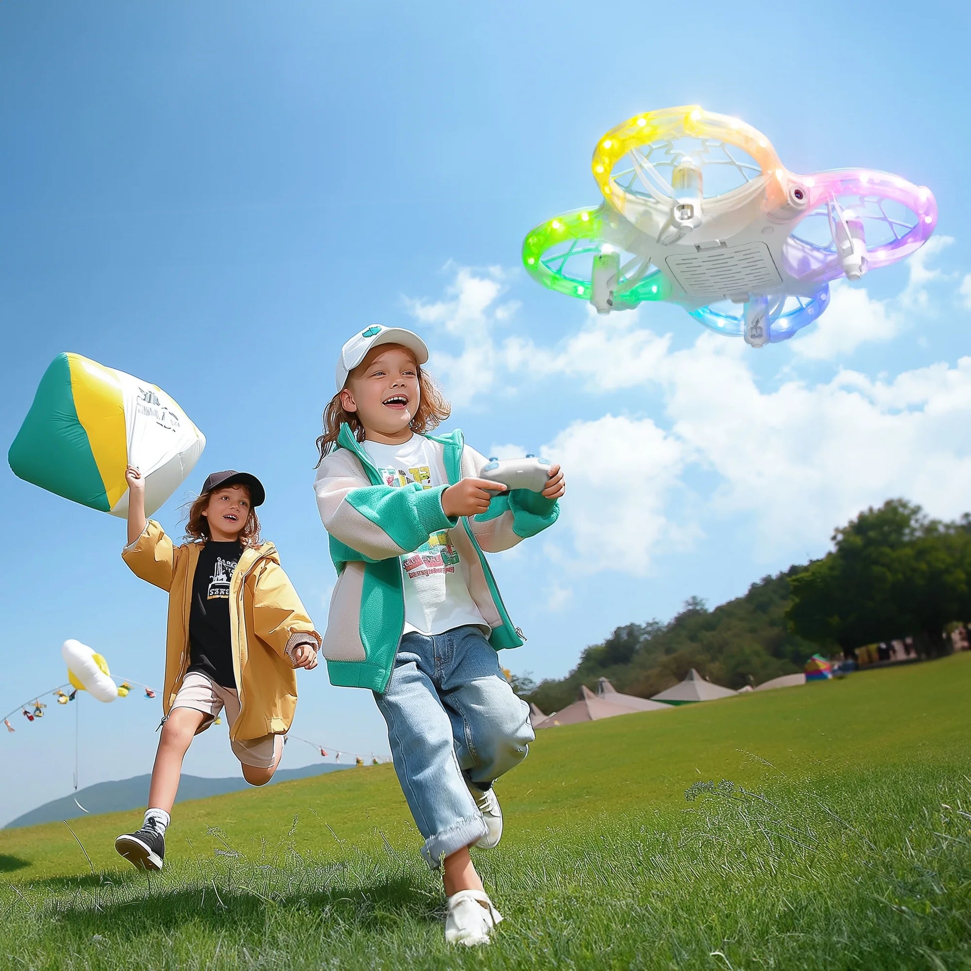K30 Drones with Camera for Kids 720P, FPV RC Drones with RGB Light, 2 Batteries, White