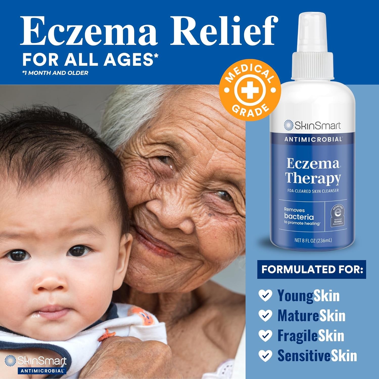 Eczema Therapy with Hypochlorous Acid, Removes Bacteria so Skin Can Heal, for Adults, Kids and Seniors, 8 Ounce Clear Spray
